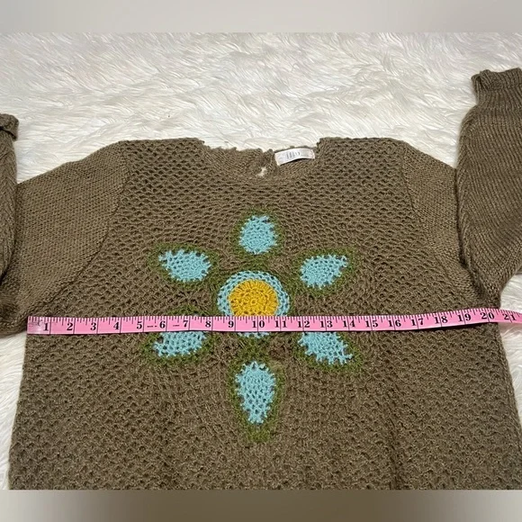 Mu Fashion Women's Floral Sunflower Sweater Olive Green Balloon Sleeves - Picture 8 of 10